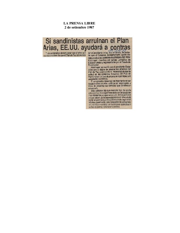 La Prensa Libre Si sandinistas arruinan el Plan Arias EEUU ayudará a contras.pdf