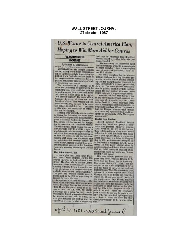 Wall Street Journal US Warms to Central America Plan, Hoping to win aid for Contras.pdf